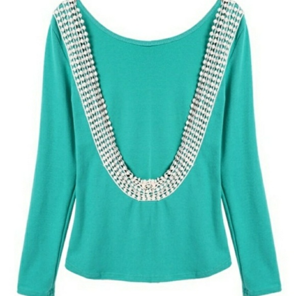 Green open back blouse w/ embroidery - Picture 4 of 5